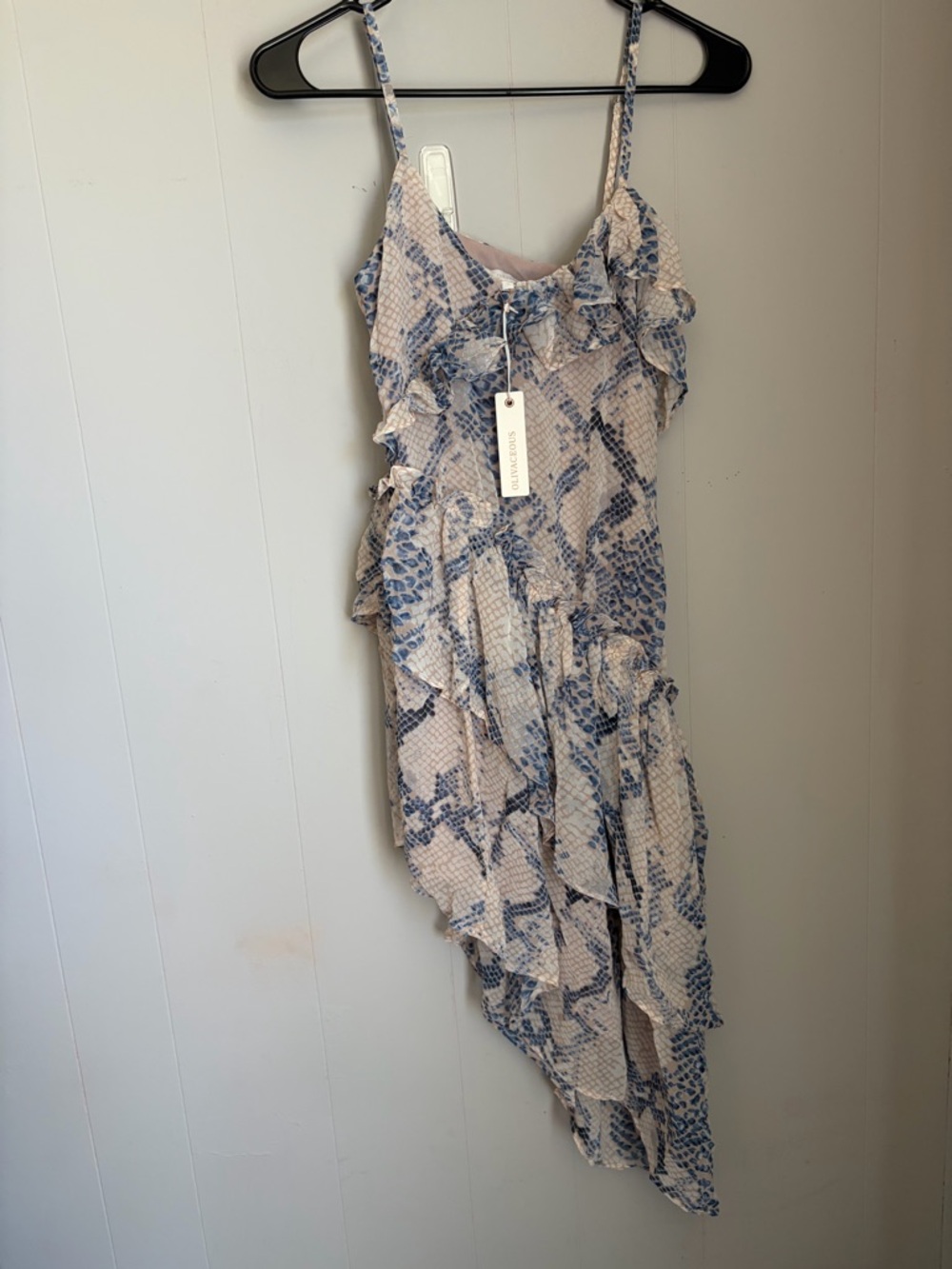 Olivaceous Blue and Cream Asymmetrical Ruffle Slip Dress